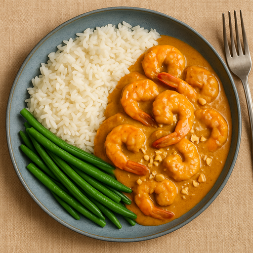 Crevettes sauce satay, riz & hariots vert