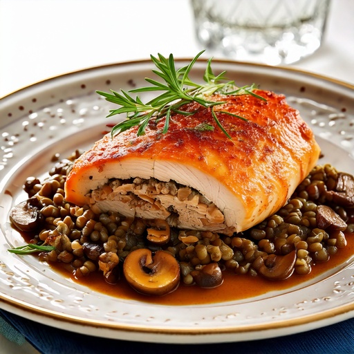 Filet de poulet farçi champi, duo de lentilles
