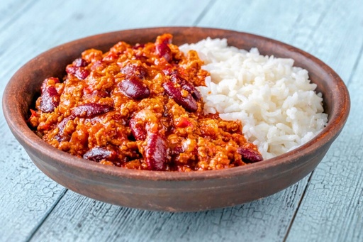 Chili con carne, riz blanc