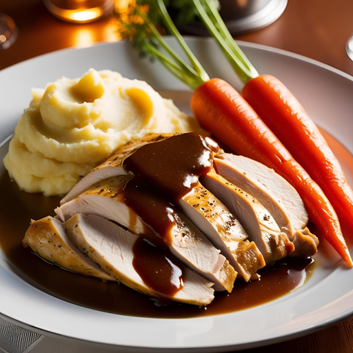 Emincé de poulet rôti sauce demi glace, purée, carottes