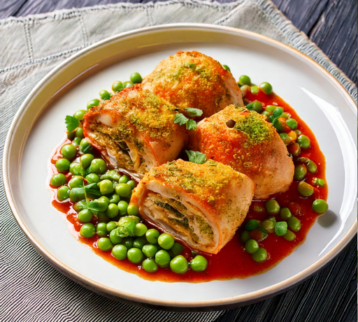 Filet de poulet farçi pesto, petit pois, epeautre sauce tomate
