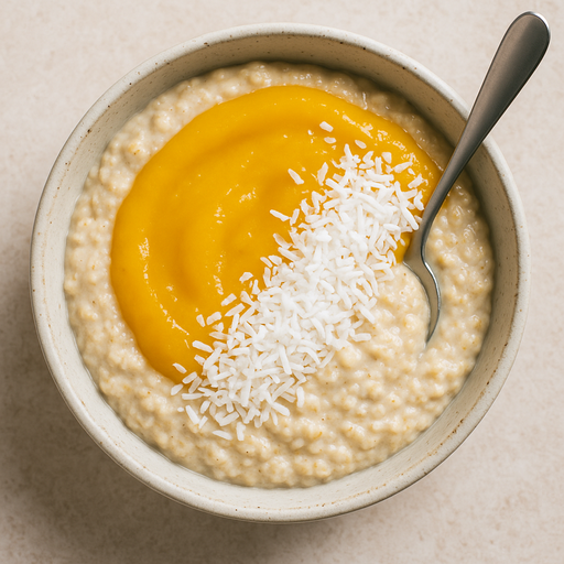 Oatmeal coconut, coulis de mangue, zeste de citron vert
